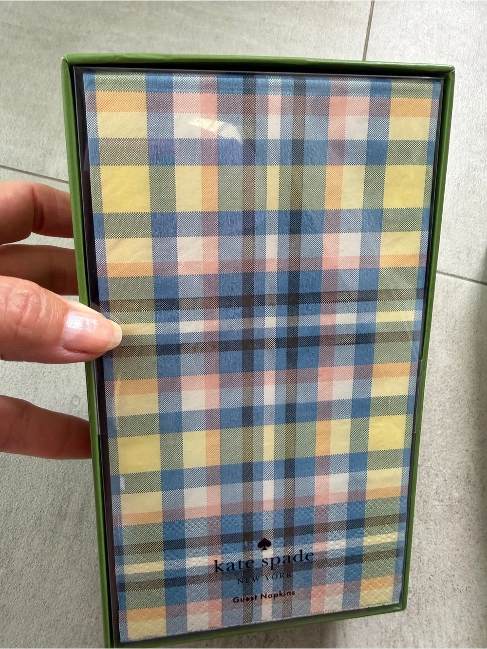 kate spade Guest Napkins w fun Plaid in Blue, Yellow, Pink - box of 40 each